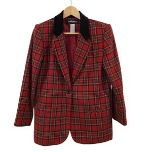 VTG SAG HARBOR PLAID RED WOOL BLEND BOXY BLAZER 8 Medium VELVET 90s Academia